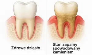 Porównanie zdrowego zęba i zęba z kamieniem nazębnym. Czy kamień nazębny może sam odpaść? Nie, wymaga profesjonalnego czyszczenia.