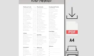 Reise-Packliste zum Ausdrucken: Kleidung, Schuhe, Accessoires, Waschtasche, Handgepäck, Apotheke, Elektronik, Unterlagen & mehr.
