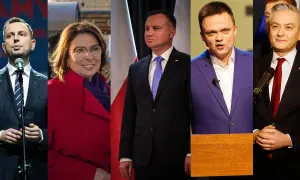 Pięciu kandydatów na prezydenta Polski, w tym Andrzej Duda, w garniturach i z mikrofonami, gotowi do debaty.