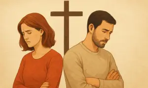 Para zamyślona, odwrócona od siebie, z krzyżem w tle. Czy rozwód to grzech?