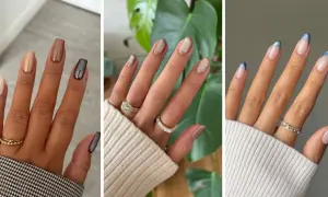 Trois mains aux ongles courts et soignés : nudes et métalliques, pailletés dorés, ou french manucure bleue. Une belle idée ongle court pour chaque style.