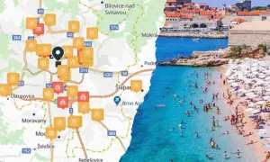 Planowanie wyjazdu do Chorwacji: mapa z ikonami i widok na plażę w Dubrowniku.