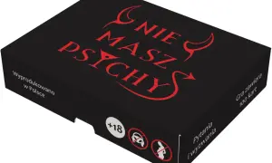 Czarna gra planszowa "Nie masz psychy" z czerwonymi rogami diabła i napisem. Zawiera 100 kart z hardkorowe pytania i wyzwania.