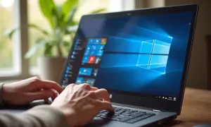 Dłonie piszące na laptopie z widocznym logo Windows 10 na ekranie.