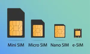 Comparaison des tailles de cartes SIM : Mini SIM, Micro SIM, Nano SIM et la puce e-SIM intégrée.