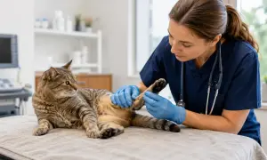 Veterinarian in blue scrubs and gloves gently examines a tabby cat's back legs on an examination table.