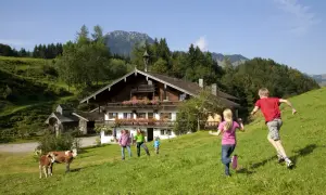 Kinder genießen ihre Ferien auf dem Bauernhof in Bayern. Kühe grasen vor einem traditionellen Holzhaus in den Bergen.