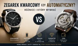 Elegancki zegarek kwarcowy z czarną tarczą i skórzanym paskiem obok mechanizmu automatycznego. Porównanie zegarków.