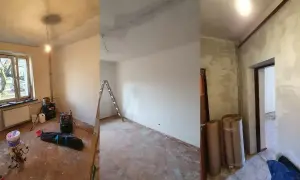 Mieszkanie za remont. Widać puszki z farbą, drabinę i materiały budowlane. Ściany i sufit są w trakcie malowania.