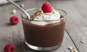 Delizioso budino fatto in casa al cioccolato, guarnito con panna montata, un lampone fresco e nocciole croccanti.