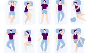 Ten illustrations show different sleeping positions, from fetal curl to starfish.