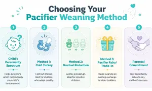 Choosing your pacifier weaning method: Child's personality, cold turkey, gradual reduction, pacifier fairy, and parental commitment are key to avoiding long term effects of pacifier use.