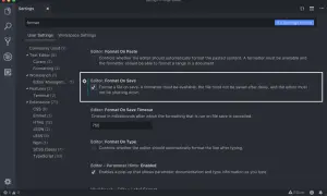 Paramètres VS Code : l'option "Format On Save" est activée, formatant automatiquement le fichier lors de son enregistrement.