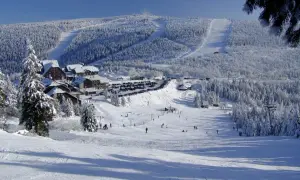 Ośnieżone stoki i lasy wokół ośrodka cervenohorske sedlo ski. Narciarze szusują po łagodnych zboczach, a w tle widać parking i zabudowania.