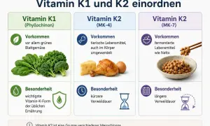 Vitamin K1 aus grünem Gemüse, K2 (MK-4) aus tierischen Lebensmitteln und K2 (MK-7) aus fermentierten Lebensmitteln wie Natto.