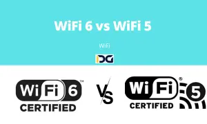 Porównanie WiFi 6 i WiFi 5. Logo WiFi 6 po lewej, WiFi 5 po prawej, z symbolem "vs" pośrodku.