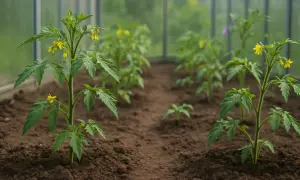 Młoda sadzonka pomidora w szklarni, z pierwszymi żółtymi kwiatami. W tle kolejne rośliny.