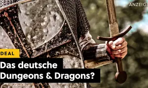 Ritter mit Schwert und Schild, bereit für den Kampf. Ein "schwarzes Auge" im Spiel?