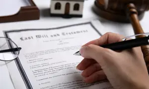 Dłoń podpisuje testament, przygotowując wniosek o stwierdzenie nabycia spadku. Obok leżą okulary, model domu i młotek sędziowski.