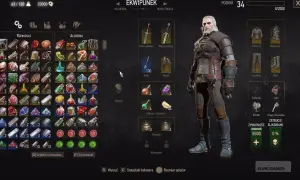 Geralt z Rivii w ekwipunku Wiedźmin 3 Krew i Wino. Widoczne przedmioty rzemiosła, alchemii, eliksiry i jedzenie.