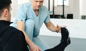 Fizjoterapeuta w jasnoniebieskim uniformie pomaga pacjentowi w ćwiczeniach rozciągających nogę.