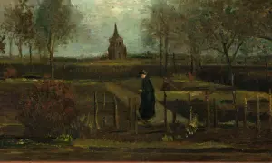 Dunkle, atmosphärische Landschaft mit einer Frau in Schwarz, die einen Weg entlanggeht. Im Hintergrund eine Kirche. Ein Bild, das man sich wünscht, dass es nicht zu den gestohlenen Kunstwerken gehört.