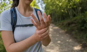 Donna con mani gonfie dopo camminata nel bosco, si tiene il polso.