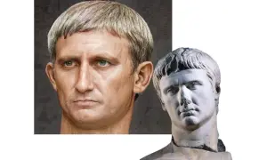 Rekonstrukcja twarzy cesarza Oktawiana Augusta obok jego marmurowego popiersia.