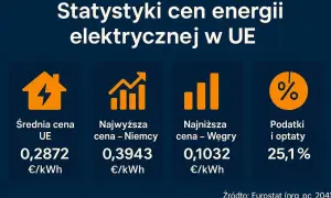 Statystyki cen energii elektrycznej w UE: średnia cena, najwyższa w Niemczech, najniższa na Węgrzech, podatki i opłaty.