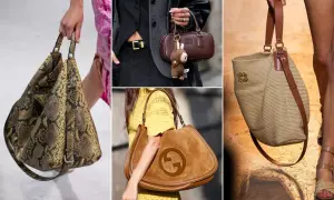 Kolekcja modnych torebek 2026: skórzana wężowa, brązowa shopperka z brelokiem, zamszowa shopperka z logo i pleciona torba na ramię.