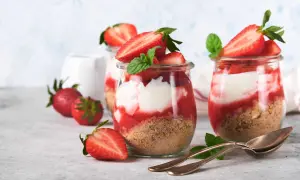 Erdbeer Dessert im Glas: Schichten aus Keksbröseln, Quark und Joghurt, garniert mit frischen Erdbeeren und Minze. Ein Genuss!