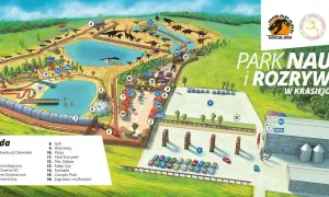 Mapa Parku Nauki i Rozrywki w Krasiejowie. Widoczne dinozaury, jeziora, place zabaw i inne atrakcje.