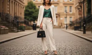 Elegancka kobieta w kremowym garniturze i zielonej bluzce, z czarną torebką. Inspiracja, jak ubierać się z klasą.