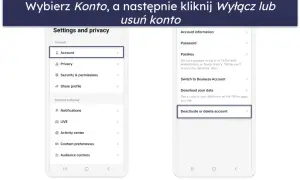 Instrukcja jak usunąć konto na TikToku: wybierz "Konto", a następnie "Deactivate or delete account".