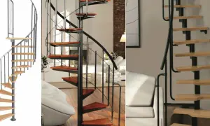 Nowoczesne schody kręcone z drewnianymi stopniami i metalową balustradą, idealne do adaptacji poddasza.