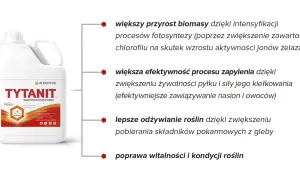 Butelka biostymulatora plonu TYTANIT. Zwiększa przyrost biomasy, efektywność zapylenia, odżywianie roślin i poprawia ich kondycję.