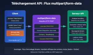 Flux multipart/form-data : un client envoie un prompt texte, des paramètres et un fichier image à un serveur API pour traitement.