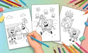 Páginas de personajes de Bob Esponja para colorear: Bob Esponja y Patricio construyen castillos de arena, Bob Esponja caza medusas y Bob Esponja saluda desde su piña.