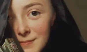 En målning av Sofia Magdalena med en svart slöja och en utsmyckad fläkt.