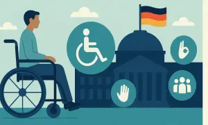 Mann im Rollstuhl vor einem Gebäude mit deutscher Flagge. Symbole für Barrierefreiheit und Gemeinschaft stehen für die Rechte **behinderter in Deutschland**.
