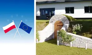 Kamienna piwnica bez pozwolenia, z drewnianymi drzwiami, wtopiona w skarpę obok nowoczesnego domu. Obok polska i unijna flaga.