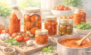 Eingemachtes Gemüse und Tomaten in Gläsern, bereit für die Lagerung. Ein Topf mit Tomatensauce deutet auf einen möglichen Fehler beim Einkochen hin.