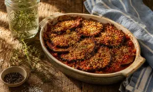 Un délicieux gratin d'aubergine, aux tranches dorées et croustillantes, baignant dans une sauce tomate savoureuse. Un plat réconfortant.