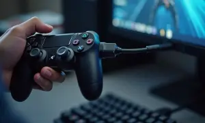 Dłoń trzymająca czarny pad PS4 podłączony kablem do komputera.