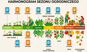 Harmonogram sezonu ogrodniczego: od marca do października, z zastosowaniem nawozów Azofoska i Polifoska dla wzrostu i zbiorów.