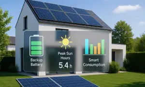 Casa con pannelli fotovoltaici sul tetto, batteria di backup e grafico di consumo intelligente.