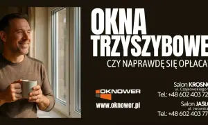 Uśmiechnięty mężczyzna z kubkiem kawy przy oknie. Reklama okna trzyszybowe.