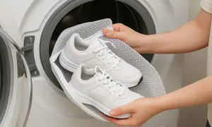 Para przygotować pranie butów w pralce, białe sneakersy wkładane są do siatkowej torby.