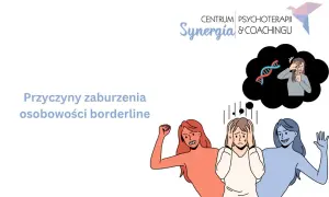 Ilustracja przedstawia przyczyny zaburzenia osobowości borderline: emocjonalne burze, stres i genetyczne uwarunkowania.