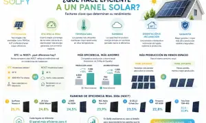 Infografía sobre factores que determinan el **rendimiento** de **placas solares**, incluyendo tecnología, temperatura, sombras, orientación, inclinación y garantía.